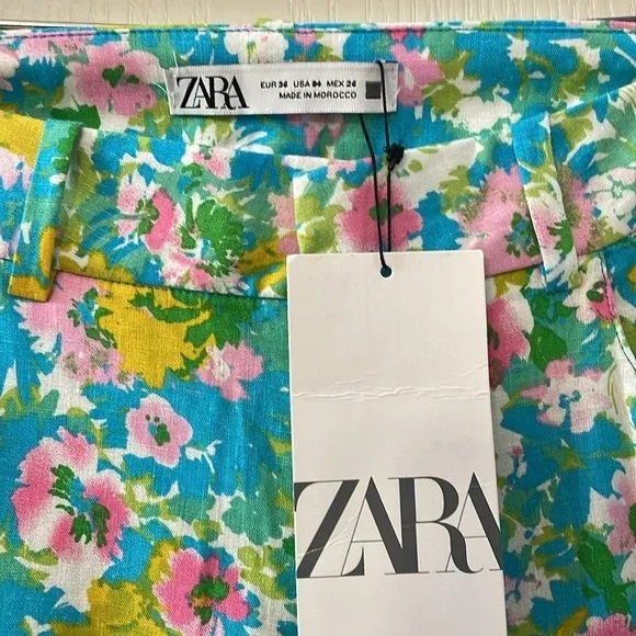 NWT Zara Floral Printed Linen Blend Trousers  Size 4 - Picture 2 of 10